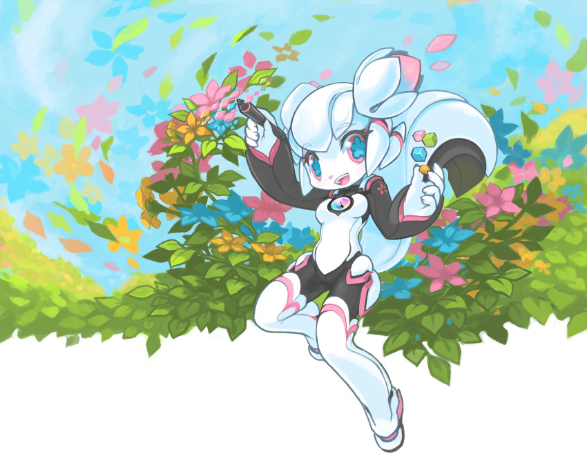 1girl 2014 :d absurdres animal_ears black_sleeves blue_sky chinese_clothes chinese_commentary colored_skin commentary english_commentary fingernails floating flower furry furry_female highres holding holding_stylus kde kiki_the_cyber_squirrel krita_(medium) krita_(software) leaf leggings long_sleeves looking_at_viewer mascot open_mouth original petals robot signature sky smile splash_image squirrel squirrel_ears squirrel_girl squirrel_tail stylus symbol_in_eye tail tyson_tan white_hair white_leggings white_skin wind