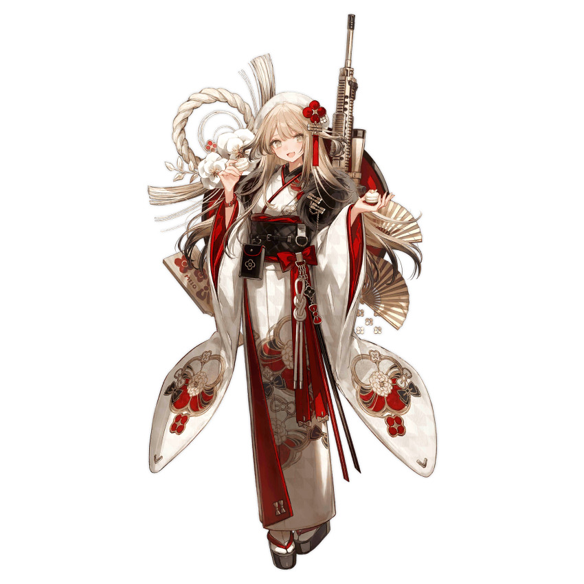 1girl :d beret black_bag black_hair black_sandals black_sash black_shawl blonde_hair bow_print chocoan colored_tips floral_print floral_print_kimono flower food full_body fur_shawl girls&#039;_frontline gradient_hair grey_eyes gun hagoita hat highres holding holding_food japanese_clothes kimono layered_kimono light_blush long_hair long_sleeves looking_at_viewer m110_(girls&#039;_frontline) m110_(honorable_spirit_in_red)_(girls&#039;_frontline) m110_sass macaron multicolored_hair obi official_alternate_costume official_art okobo open_mouth paddle platform_sandals pouch print_kimono red_kimono rifle rope sandals sash shawl shimenawa simple_background smile sniper_rifle socks solo standing tabi third-party_source transparent_background very_long_hair weapon white_flower white_hat white_kimono white_socks wide_sleeves
