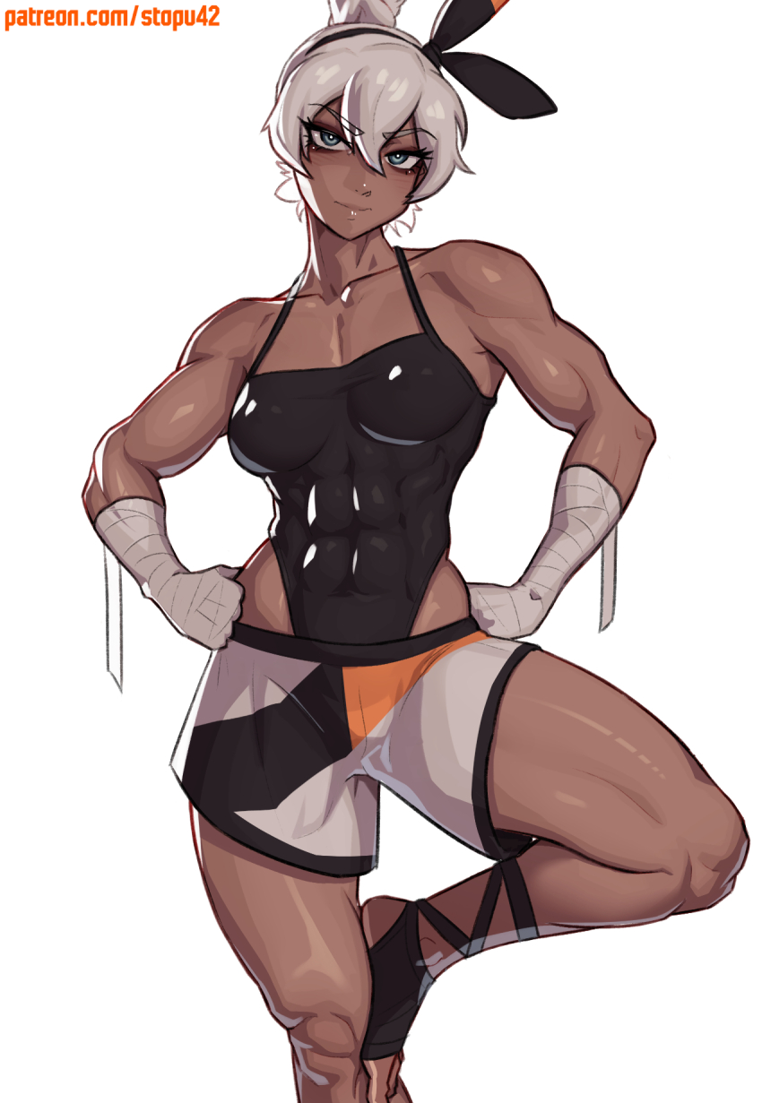 1girl abs bandaged_arm bandaged_hand bandages bare_shoulders bea_(pokemon) biceps black_bow black_hairband black_leotard blue_eyes bow bow_hairband breasts bright_pupils closed_mouth collarbone covered_abs dark-skinned_female dark_skin double-parted_bangs feet grey_eyes grey_hair hair_between_eyes hairband hands_on_own_hips highleg highleg_leotard highres leotard leotard_under_clothes looking_at_viewer medium_breasts muscular muscular_female nintendo patreon_username pokemon pokemon_swsh short_hair shorts simple_background solo split_mouth standing standing_on_one_leg stopu toes toned toned_female v-shaped_eyebrows watermark web_address white_background white_pupils white_shorts