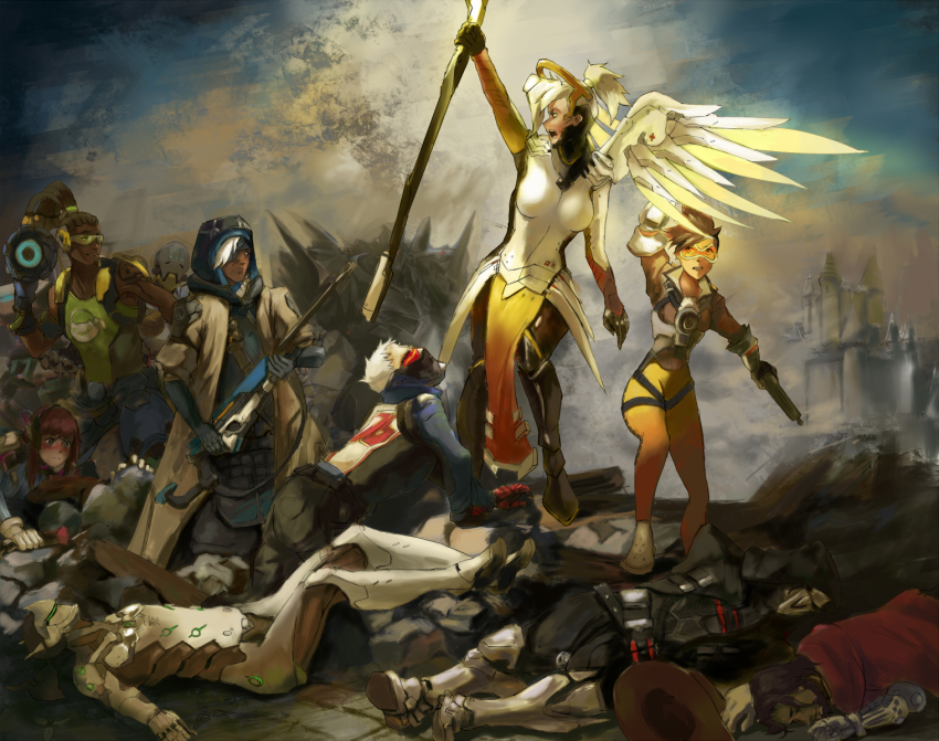 4girls 5boys ana_(overwatch) armor bastille bastion_(overwatch) blush brown_hair cassidy_(overwatch) castle coat corpse d.va_(overwatch) dark_skin dreadlocks fine_art_parody genji_(overwatch) goggles gun hanzo_(overwatch) highres liberty_leading_the_people looking_back looking_up lucio_(overwatch) lying mask mechanical_wings mercy_(overwatch) multiple_boys multiple_girls open_mouth overwatch overwatch_1 pantyhose parody ponytail profile quentin_lecuiller reaper_(overwatch) reinhardt_(overwatch) rifle robot short_hair skin_tight sniper_rifle soldier:_76_(overwatch) staff torn_clothes torn_legwear tracer_(overwatch) weapon white_hair wings zenyatta_(overwatch)