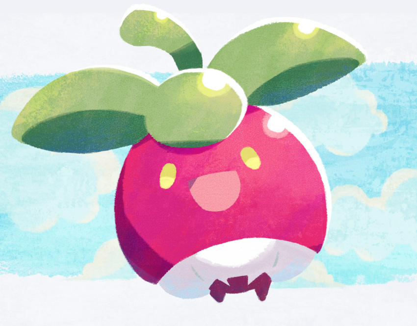 :d bounsweet commentary_request full_body gen_7_pokemon happy highres leaf letterboxed nintendo no_humans nori_(hgdm2784) open_mouth outline outside_border pokemon pokemon_(creature) pokemon_focus smile solo yellow_eyes
