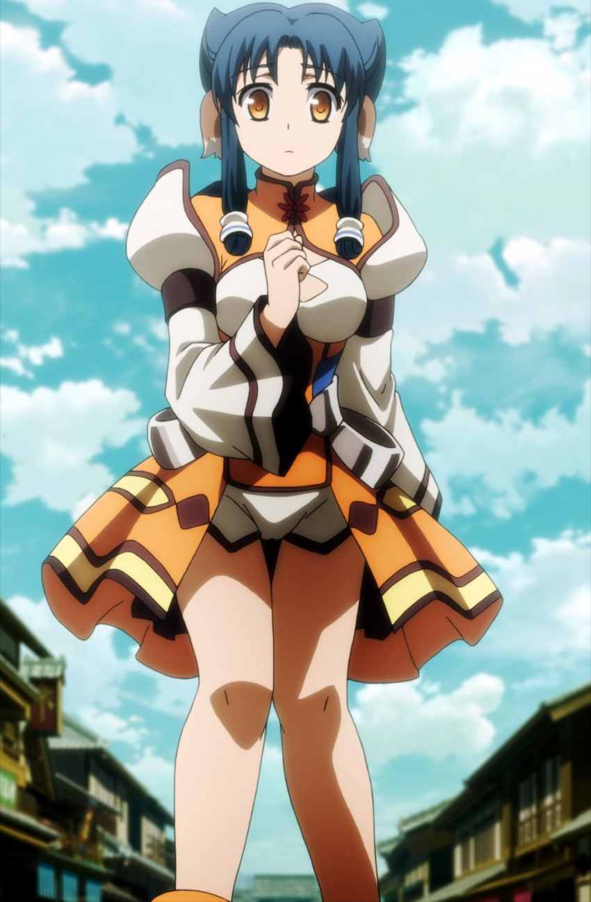 1girl absurdres animal_ears artist_request atuy blue_hair highres looking_at_viewer orange_eyes screencap short_shorts shorts solo thighs utawarerumono:_itsuwari_no_kamen