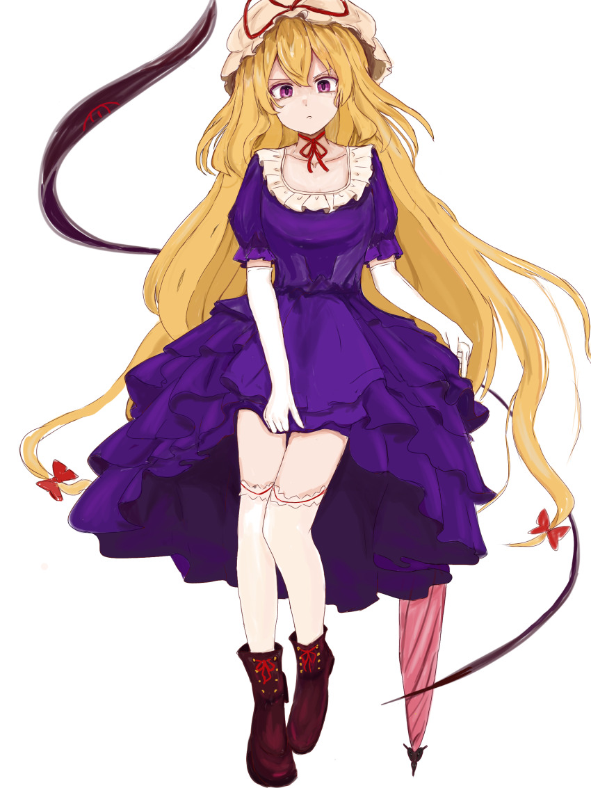 1girl 83mkneinlsqmebq absurdres blonde_hair choker dress elbow_gloves full_body gap_(touhou) gloves hair_between_eyes hair_ribbon hat highres holding holding_umbrella long_hair looking_at_viewer mob_cap purple_dress purple_eyes ribbon ribbon_choker serious short_sleeves solo thighhighs touhou umbrella very_long_hair white_background white_gloves white_thighhighs yakumo_yukari