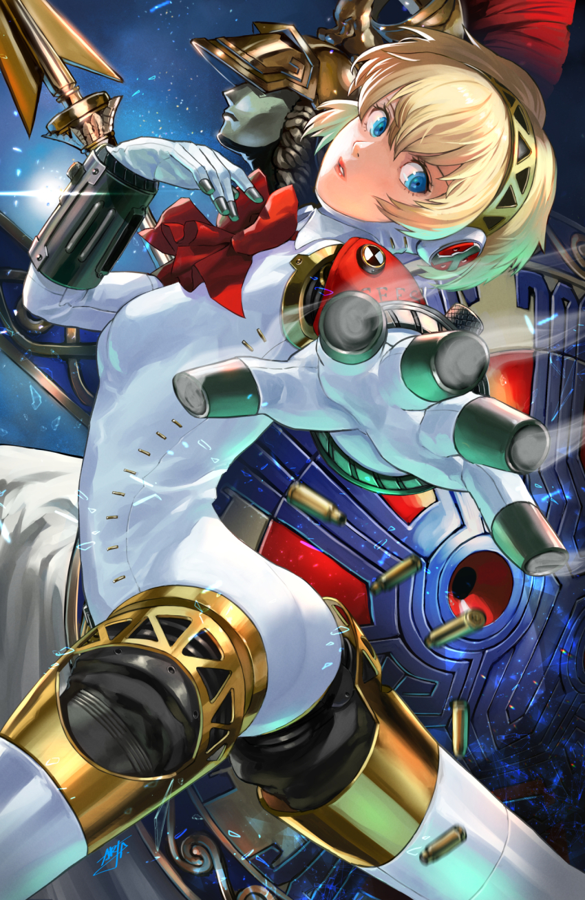 1girl 2girls adam_ryu_ford aigis_(persona) aiming aiming_at_viewer athena_(persona) blonde_hair blue_eyes bow bowtie breasts hairband helmet highres joints looking_at_viewer mechanical_arms mechanical_legs medium_breasts multiple_girls persona persona_3 red_bow red_bowtie robot_girl robot_joints short_hair skin_tight smoke solo