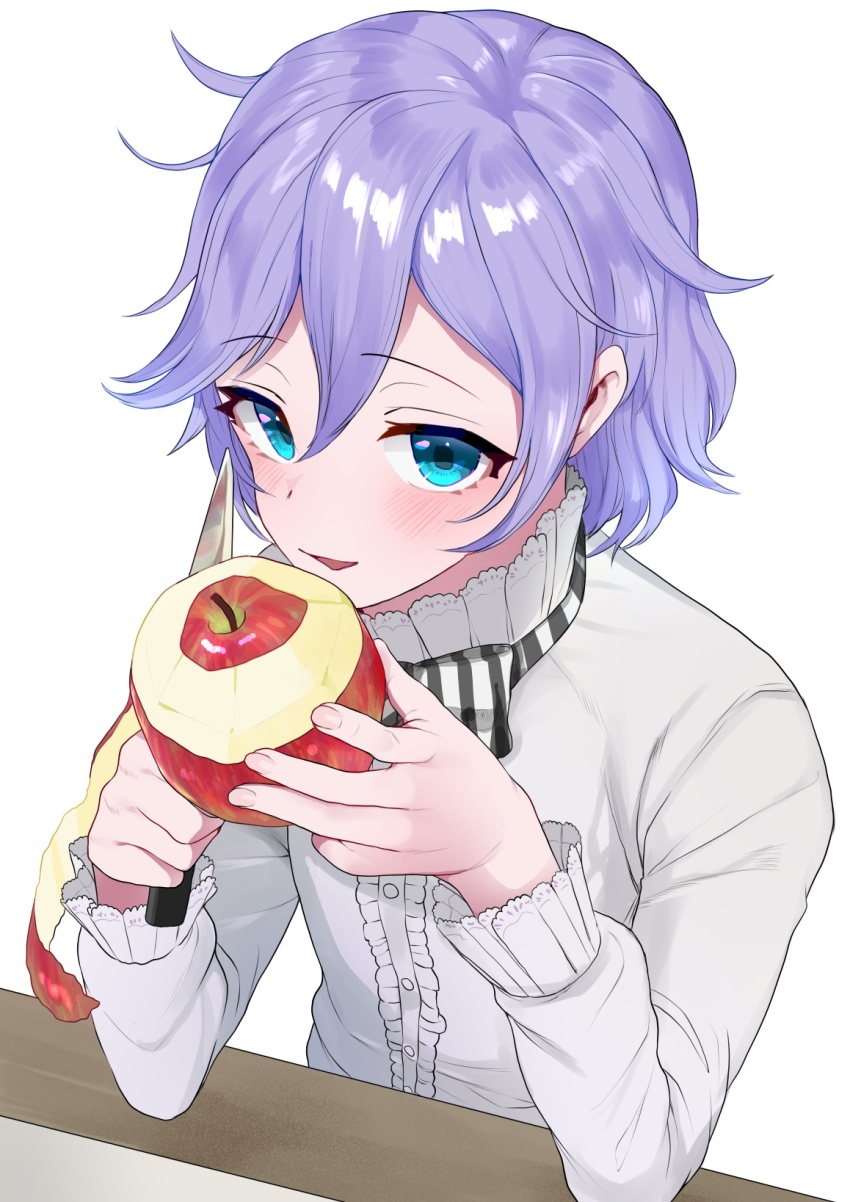1boy apple apple_peel bishounen blue_eyes blush bow bowtie center_frills commentary_request elbow_rest epel_felmier food frills fruit hair_between_eyes highres holding holding_food holding_fruit holding_knife knife light_smile long_sleeves looking_at_viewer male_focus mimizuno parted_lips peeling purple_hair shirt short_hair simple_background smile solo striped_bow striped_bowtie striped_clothes trap twisted_wonderland two-tone_bow two-tone_bowtie upper_body white_background white_shirt