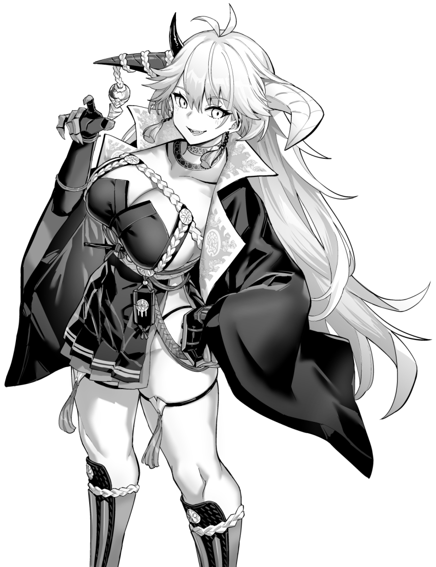 1girl armor asymmetrical_clothes asymmetrical_horns azur_lane azur_lane:_slow_ahead breasts chrysanthemum cleavage dress flower from_above greyscale hakuryuu_(azur_lane) highres hori_(hori_no_su) horns japanese_armor large_breasts long_hair mismatched_horns monochrome pleated_dress simple_background skindentation solo suneate very_long_hair white_eyes wide_sleeves