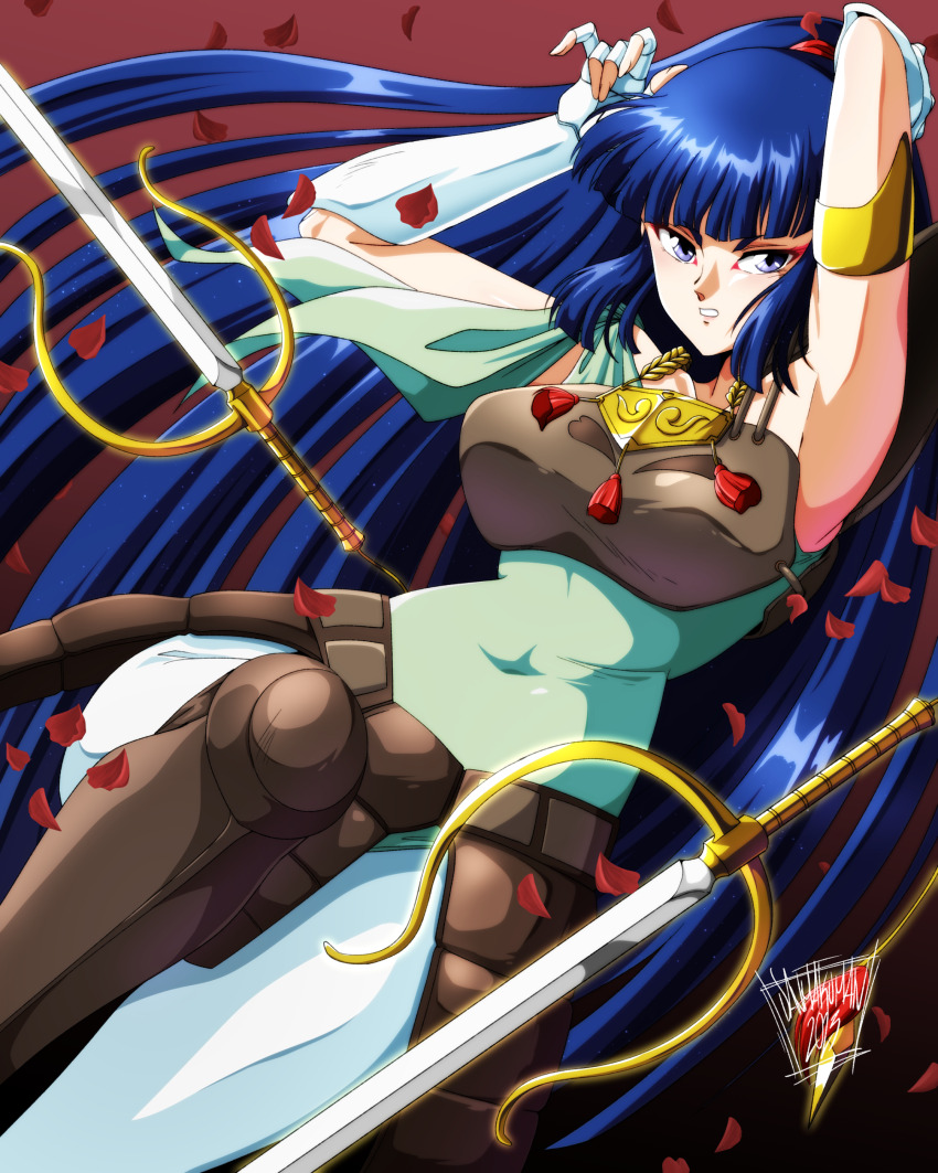 1girl 2023 absurdres armor artist_name blue_eyes blue_hair blunt_bangs breasts covered_navel danmakuman dated eyeshadow faulds female_focus highres kayura long_hair looking_at_viewer makeup petals ponytail red_eyeshadow shoulder_armor sidelocks signature solo sword tassel very_long_hair weapon yoroiden_samurai_troopers