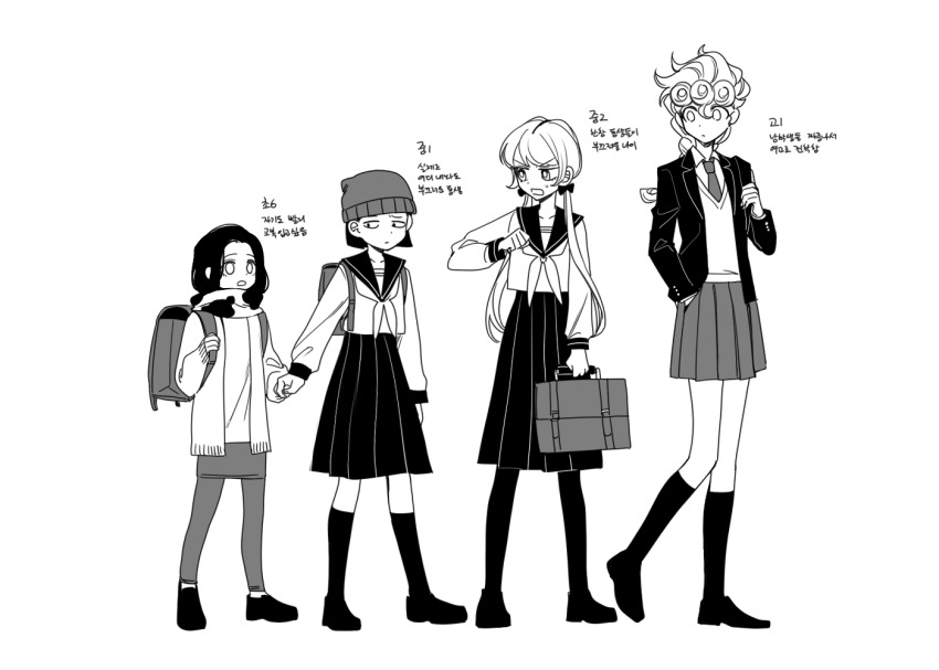 4girls backpack bag beanie bookbag braid cardigan donatello_versus genderswap genderswap_(mtf) giorno_giovanna greyscale hat height_difference holding_hands jojo_no_kimyou_na_bouken kneehighs long_skirt monochrome multiple_girls necktie pantyhose pleated_skirt rikiel school_uniform sempon_(doppio_note) serafuku siblings sisters skirt socks stone_ocean sweater_vest ungaro vento_aureo