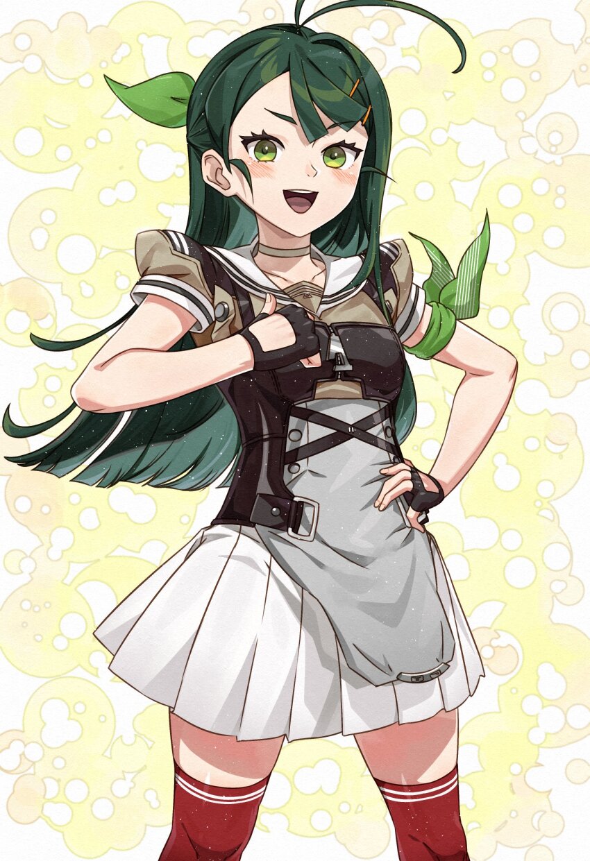 1girl ahoge antenna_hair apron black_corset black_gloves choker corset cowboy_shot dress fingerless_gloves gloves green_eyes green_hair grey_apron grey_choker hair_ornament hair_ribbon hairclip highres kanmiya_shinobu kantai_collection long_hair looking_at_viewer open_mouth red_thighhighs ribbon sailor_collar school_uniform serafuku shirt short_sleeves skirt solo sugi_(kancolle) thighhighs yellow_background