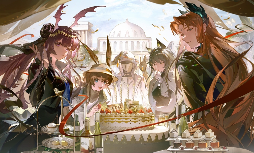1boy 1other 3girls :d absurdres alternate_costume ambiguous_gender amiya_(arknights) animal_ear_fluff animal_ears anniversary arknights ascot black_coat black_dress black_skirt black_veil black_vest blue_ascot blue_coat blue_eyes bodystocking bottle braid brown_hair brown_headwear building cake cake_stand candle capelet cat_ears champagne_bottle closed_eyes closed_mouth coat coin cup doctor_(arknights) dress drinking_glass ears_through_headwear eyebrows_hidden_by_hair feather_hair finger_to_mouth food fruit gloves gold_bar gold_coin grey_hair half_gloves hand_in_own_hair hat head_wings highres holding holding_food holding_fruit hood hood_up hooded_coat kal&#039;tsit_(arknights) long_hair long_sleeves looking_at_viewer manticore_(arknights) manticore_(under_a_veil)_(arknights) mask multiple_girls official_alternate_costume open_clothes open_coat open_mouth orange_hair parted_lips passenger_(arknights) purple_eyes purple_hair rabbit_ears red_ribbon ribbon shirt sideways_glance skirt smile strawberry veil very_long_hair vest white_capelet white_gloves white_shirt wine_bottle wings yipei