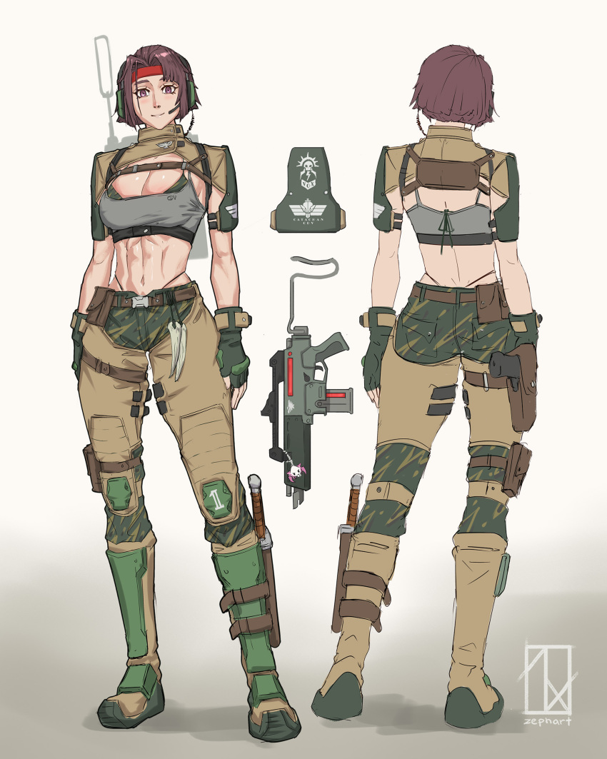 1girl abs absurdres ammunition_pouch armor artist_name astra_militarum belt_pouch boot_knife boots breasts camouflage catachan_jungle_fighter charm_(object) cleavage fangs fingerless_gloves gloves greaves gun handgun headband headset highres holster knee_pads knife large_breasts lasgun looking_at_viewer military_uniform pauldrons pink_eyes pouch radio red_headband short_hair shoulder_armor signature skull smile solo submachine_gun toned warhammer_40k weapon zephart
