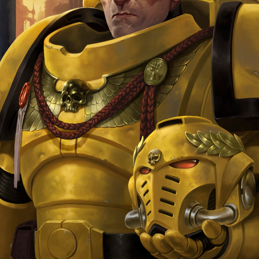 1boy adrian4rt armor breastplate bullet_hole chapter_master_valrak closed_mouth commentary commission couter english_commentary gauntlets helmet highres holding holding_helmet imperial_fists laurel_crown male_focus original pauldrons power_armor red_eyes rerebrace scar scar_on_face shoulder_armor solo upper_body warhammer_40k yellow_armor