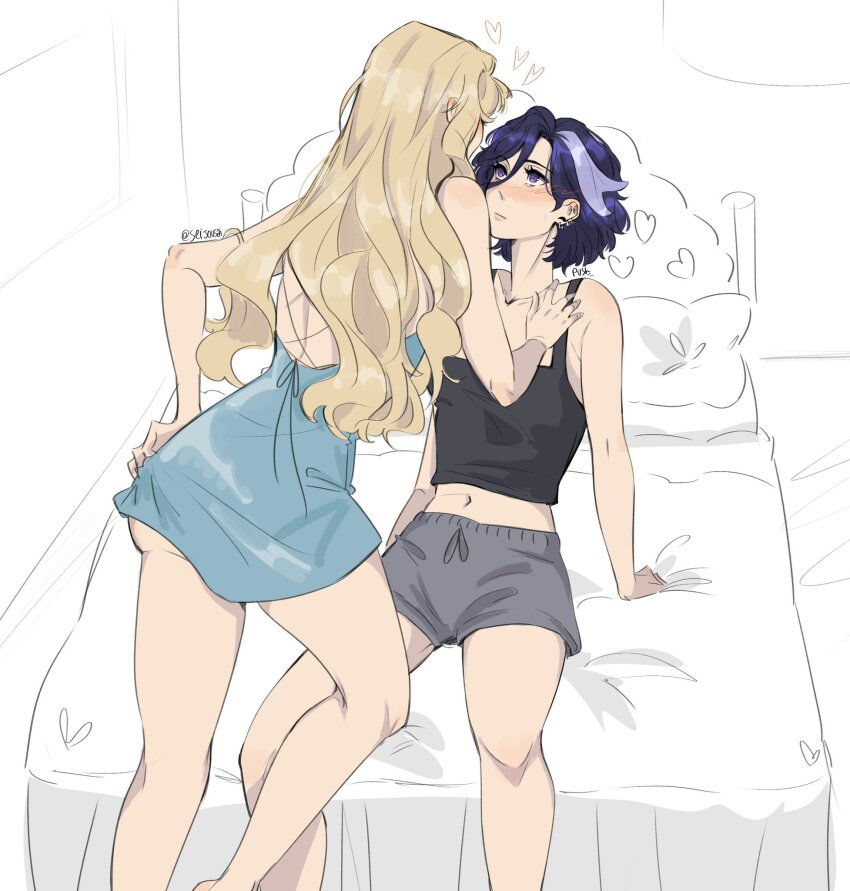 2girls bed black_tank_top blonde_hair blue_dress blue_eyes blue_hair blush clorinde_(genshin_impact) commentary dress english_commentary genshin_impact grey_shorts heart highres long_hair multiple_girls navia_(genshin_impact) on_bed partially_colored pillow seijousai short_dress short_hair shorts tank_top very_long_hair yuri