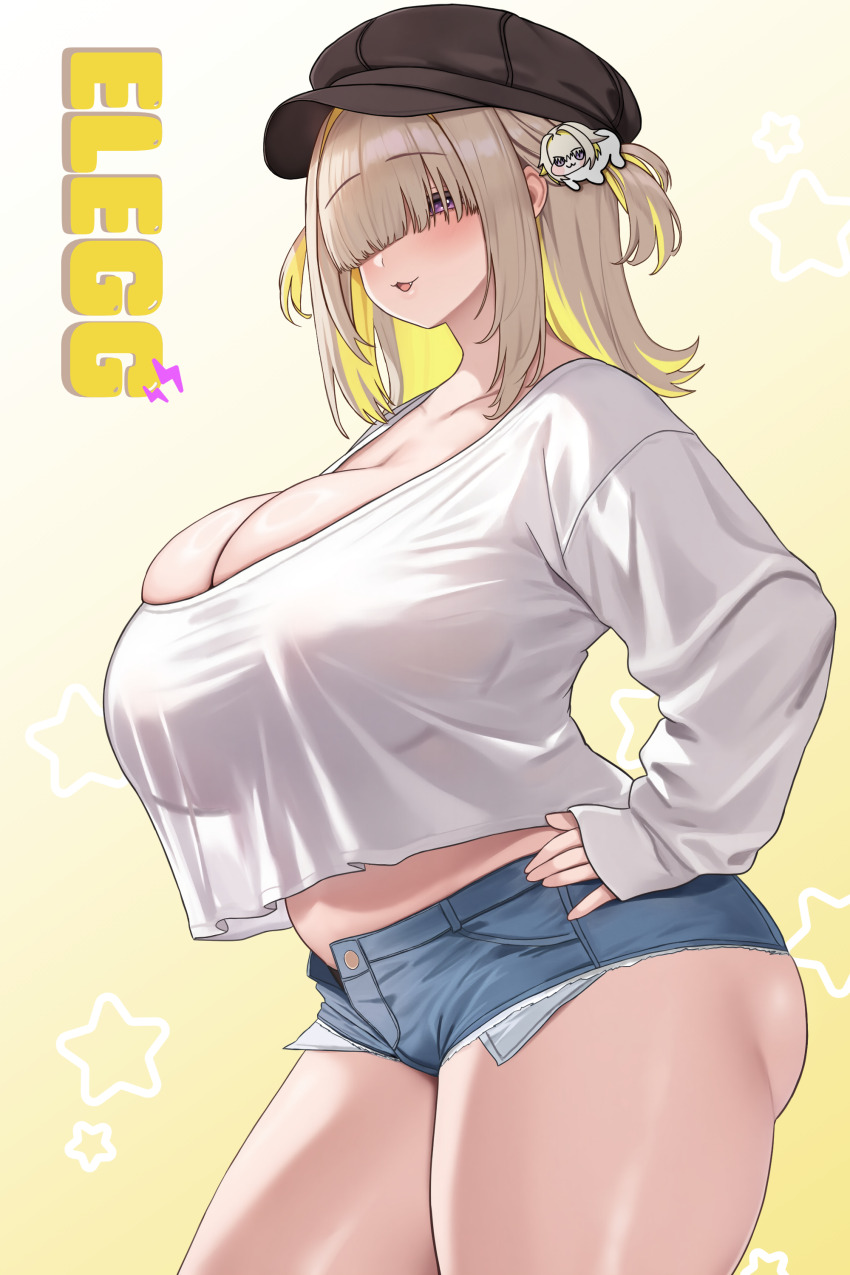1girl absurdres black_hat blonde_hair blue_shorts blush breasts cleavage doro_(nikke) elegg_(nikke) erufura goddess_of_victory:_nikke hair_ornament hair_over_eyes hands_on_own_hips hat highres huge_breasts medium_hair open_mouth pink_eyes plump shirt shorts smile solo two_side_up white_background white_shirt