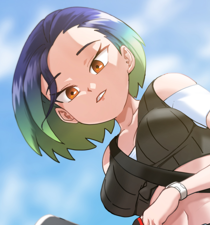 1girl bare_shoulders black_shirt blue_hair bob_cut breasts brown_eyes collarbone crop_top heydove highres large_breasts looking_at_viewer loose_hair_strand midriff multicolored_hair navel nintendo perrin_(pokemon) pokemon pokemon_(creature) pokemon_sv ribbed_shirt shirt sleeveless sleeveless_shirt solo two-tone_hair undershirt v-neck watch wristwatch