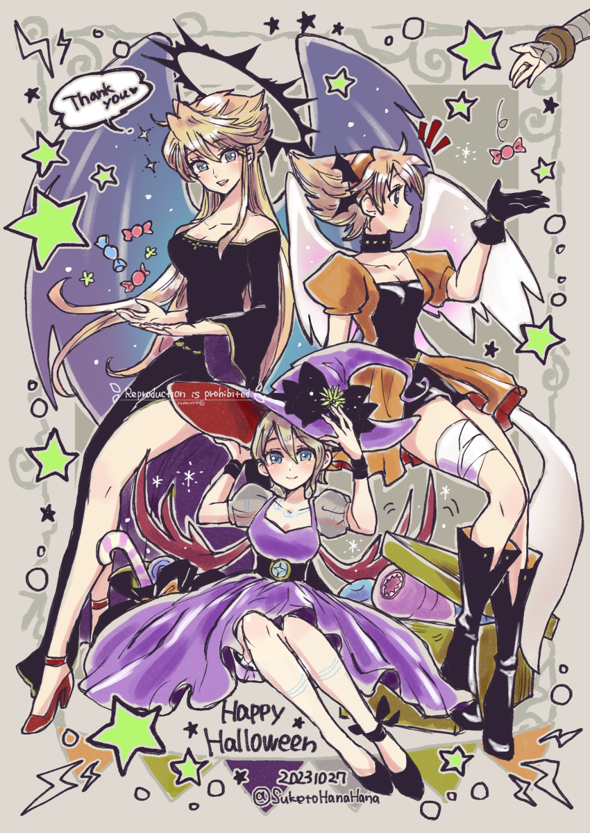 3girls absurdres angel_wings bare_shoulders black_dress black_footwear black_gloves blue_eyes boots bow breasts breath_of_fire breath_of_fire_ii breath_of_fire_iii breath_of_fire_v candy cleavage dress english_text food gloves green_eyes hairband halo happy_halloween hat hat_bow high_heels highres knee_boots long_hair long_sleeves looking_at_viewer maruno medium_breasts multiple_girls nina_(breath_of_fire_ii) nina_(breath_of_fire_iii) nina_(breath_of_fire_v) puffy_short_sleeves puffy_sleeves purple_dress purple_headwear purple_wings red_footwear red_hairband red_wings short_hair short_sleeves side_slit star_(symbol) white_wings wide_sleeves winged_hairband wings witch_hat