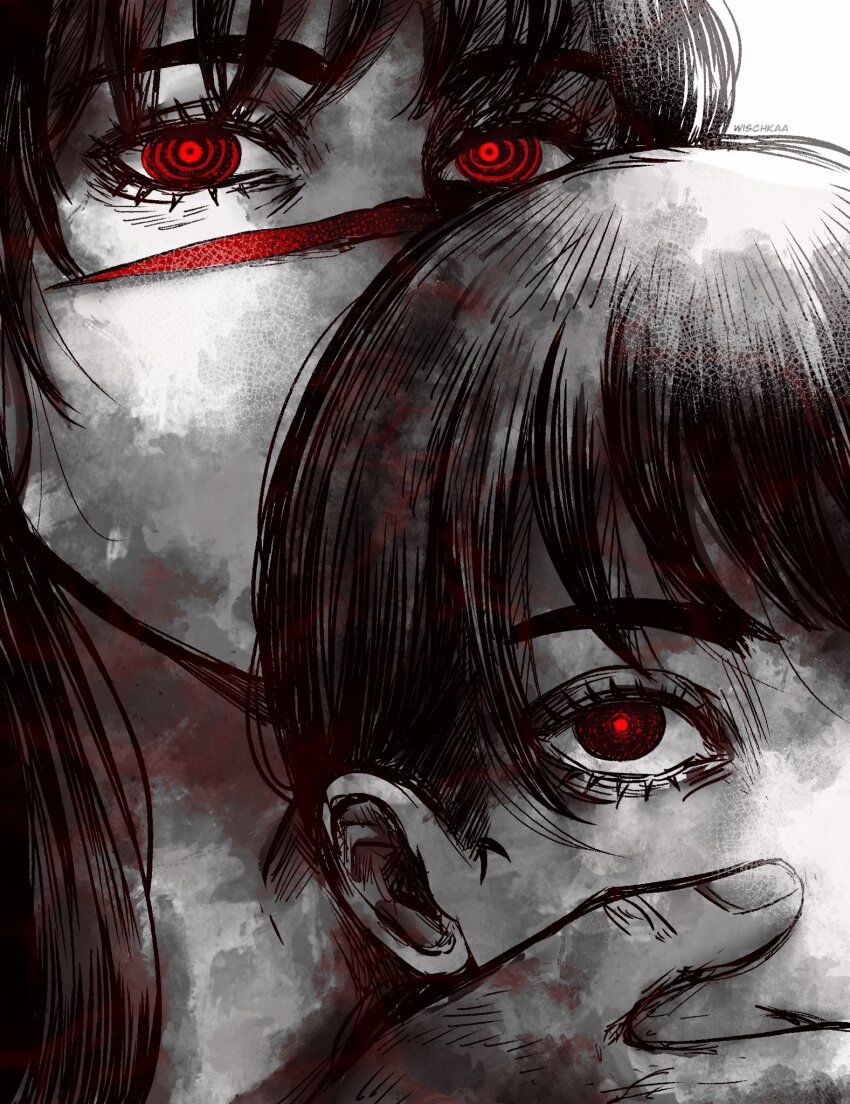 2girls chainsaw_man commentary_request covering_another&#039;s_mouth facial_scar german_commentary greyscale highres mitaka_asa monochrome multiple_girls red_eyes ringed_eyes scar scar_on_cheek scar_on_face scar_on_nose spot_color twitter_username wischkaa yoru_(chainsaw_man)