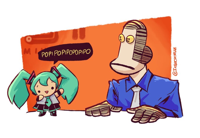 1boy 1girl 31_minutos aqua_hair black_footwear black_skirt blue_shirt character_doll chibi chile crossover doll hatsune_miku highres ikarokruz necktie open_mouth poppippoo_(vocaloid) puppet shirt skirt tulio_trivino twitter_username vocaloid