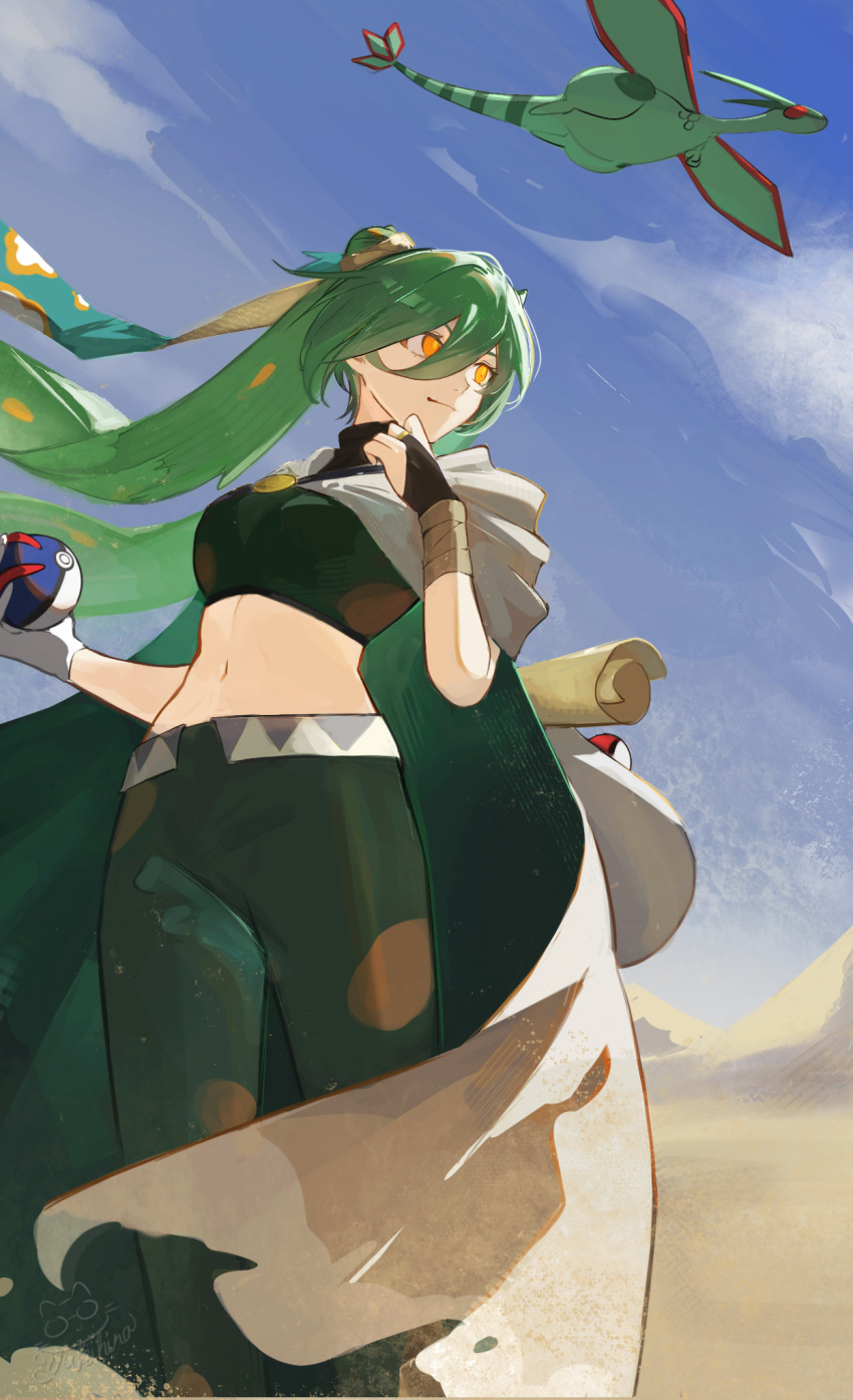 1girl flygon gen_3_pokemon great_ball ground_miku_(project_voltage) hatsune_miku highres nintendo poke_ball pokemon project_voltage vocaloid yukihira_makoto
