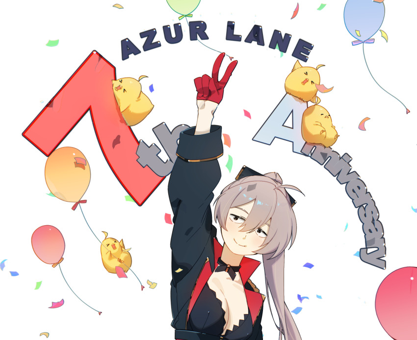 &gt;_&lt; 1girl aiguillette anniversary arm_up azur_lane balloon black_choker black_jacket bow bowtie breasts brown_hair character_name choker cleavage closed_mouth collarbone confetti gloves grey_hair hair_between_eyes hair_bow half-closed_eyes half_gloves hatski.sin high_ponytail highres jacket jean_bart_(azur_lane) long_hair long_sleeves looking_at_viewer manjuu_(azur_lane) medium_breasts o-ring o-ring_choker ponytail red_gloves sidelocks simple_background sleeve_cuffs smile solo upper_body v white_background