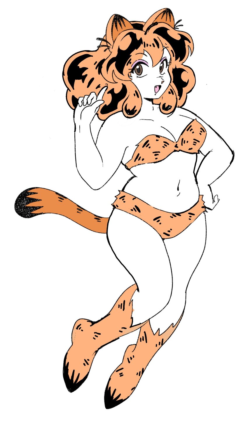 1girl absurdres breasts brown_eyes chickorysticks cleavage collarbone commentary english_commentary fang full_body garfield garfield_(character) highres looking_at_viewer lum navel orange_hair orange_tail simple_background solo thick_thighs thighs urusei_yatsura white_background