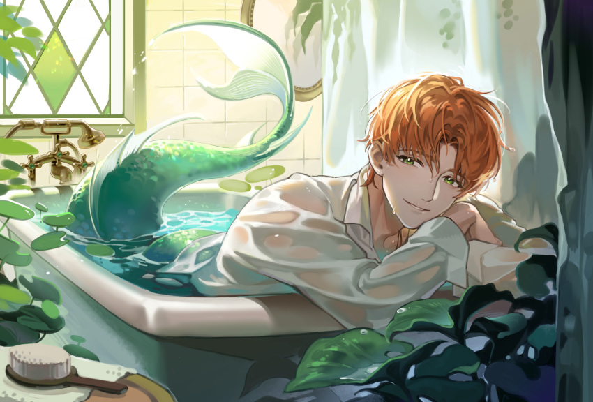 1boy bathtub bishounen fins fish_tail green_eyes haoxiangtuixiu44613 highres light_and_night_love looking_at_viewer male_focus merman monster_boy orange_hair shirt short_hair smile solo tail wet wet_clothes white_shirt xia_mingxing