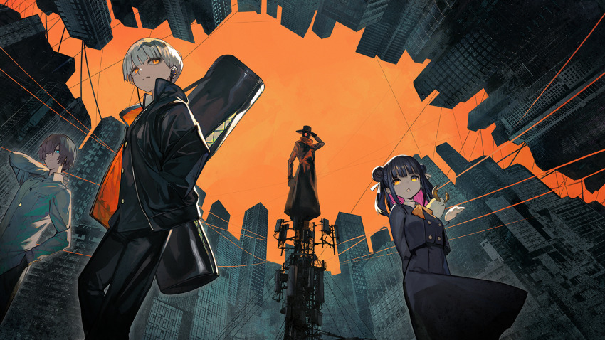 1girl 3boys backpack bag black_dress black_hair black_jacket black_pants black_shirt blue_eyes breasts brown_coat brown_hair brown_headwear building character_request cityscape closed_mouth coat collared_shirt commentary_request double_bun dress eve_(utaite) grey_hair grey_shirt hair_bun hair_over_one_eye hair_ribbon hand_in_pocket hand_on_headwear hand_on_own_neck hat headphones highres hitotsume-sama indie_utaite jacket lack long_sleeves looking_away mask medium_hair multicolored_hair multiple_boys neck_ribbon niconico one_eye_covered open_mouth orange_eyes orange_ribbon orange_sky outdoors pants power_lines radio_antenna ribbon shirt short_hair sidelocks sky small_breasts streaked_hair white_hair white_ribbon yellow_eyes