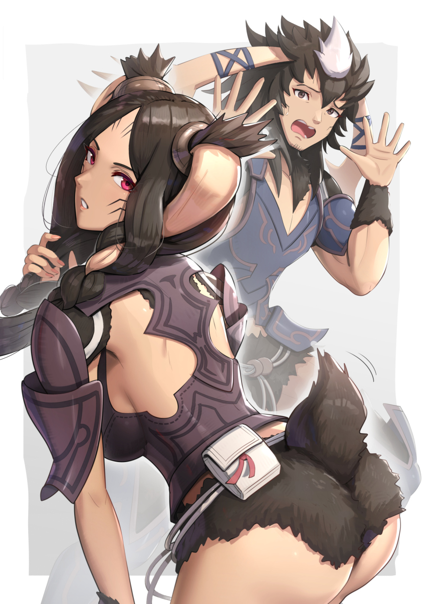 1boy 1girl absurdres animal_ears armor braid brown_fur facial_mark fire_emblem fire_emblem_awakening gonzarez hair_around_ear highres mother_and_son nintendo no_panties panne_(fire_emblem) purple_armor rabbit_boy rabbit_ears rabbit_girl red_eyes taguel twin_braids yarne_(fire_emblem)