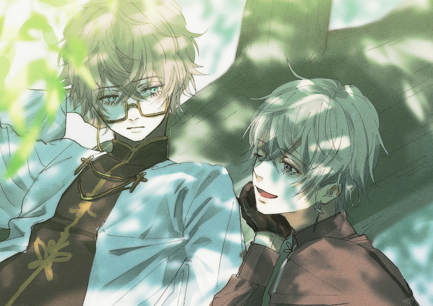 2boys arm_behind_head brown-framed_eyewear brown_gloves brown_shirt closed_mouth commission earrings glasses gloves grey_eyes highres in_tree jacket jewelry kurosujuu long_eyelashes male_focus multiple_boys one_eye_closed open_mouth original shirt short_hair signature skeb_commission tree white_jacket