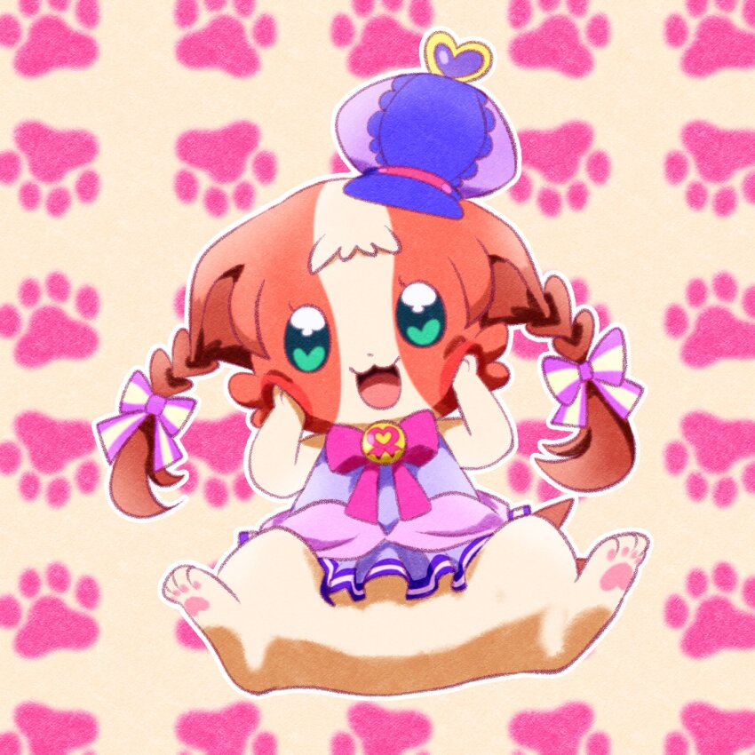 @est@ animal_ears animalization bow commentary_request cure_friendy deerstalker dog dress dress_bow ear_ribbon green_eyes hat hat_ornament heart heart_hat_ornament highres inukai_iroha inukai_iroha_(dog)_(@est@) multicolored_bow pawpads precure shih_tzu sleeveless sleeveless_dress wonderful_precure!