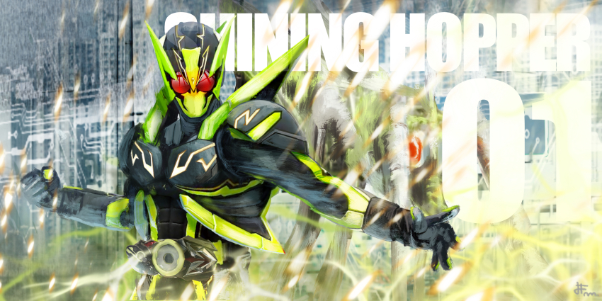 1boy absurdres armor belt bug character_name city cityscape clenched_hand gloves grasshopper helmet highres insect kamen_rider kamen_rider_01_(series) kamen_rider_zero-one lightning male_focus rider_belt science_fiction shining_hopper solo standing tokusatsu upper_body yygnzm zero_one_driver