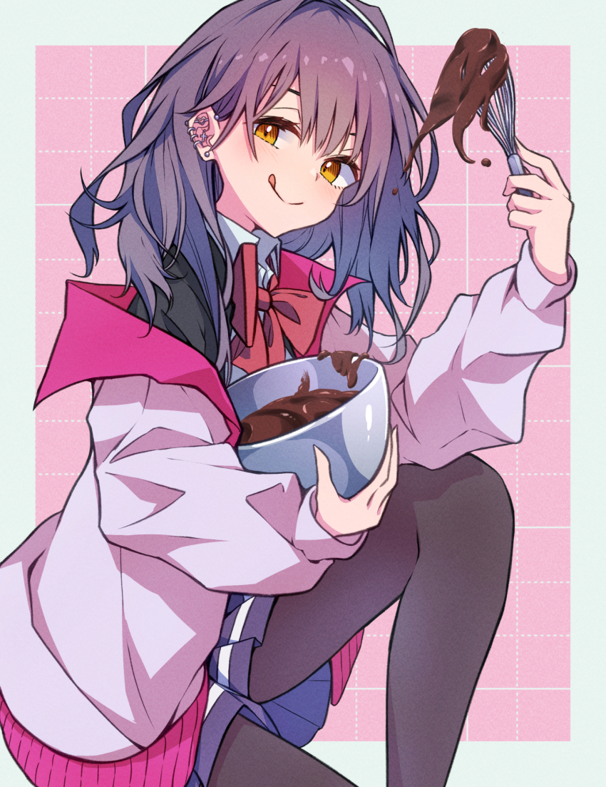 1girl :q black_pantyhose border bow bowl bowtie chocolate collared_shirt feet_out_of_frame grid_background highres holding holding_bowl holding_whisk jacket kneeling looking_at_viewer mosui_(kori_can) multiple_piercings original pantyhose pink_background pink_jacket pleated_skirt purple_hair purple_skirt red_bow red_bowtie school_uniform shirt simple_background skirt smile tongue tongue_out whisk white_background white_shirt yellow_eyes