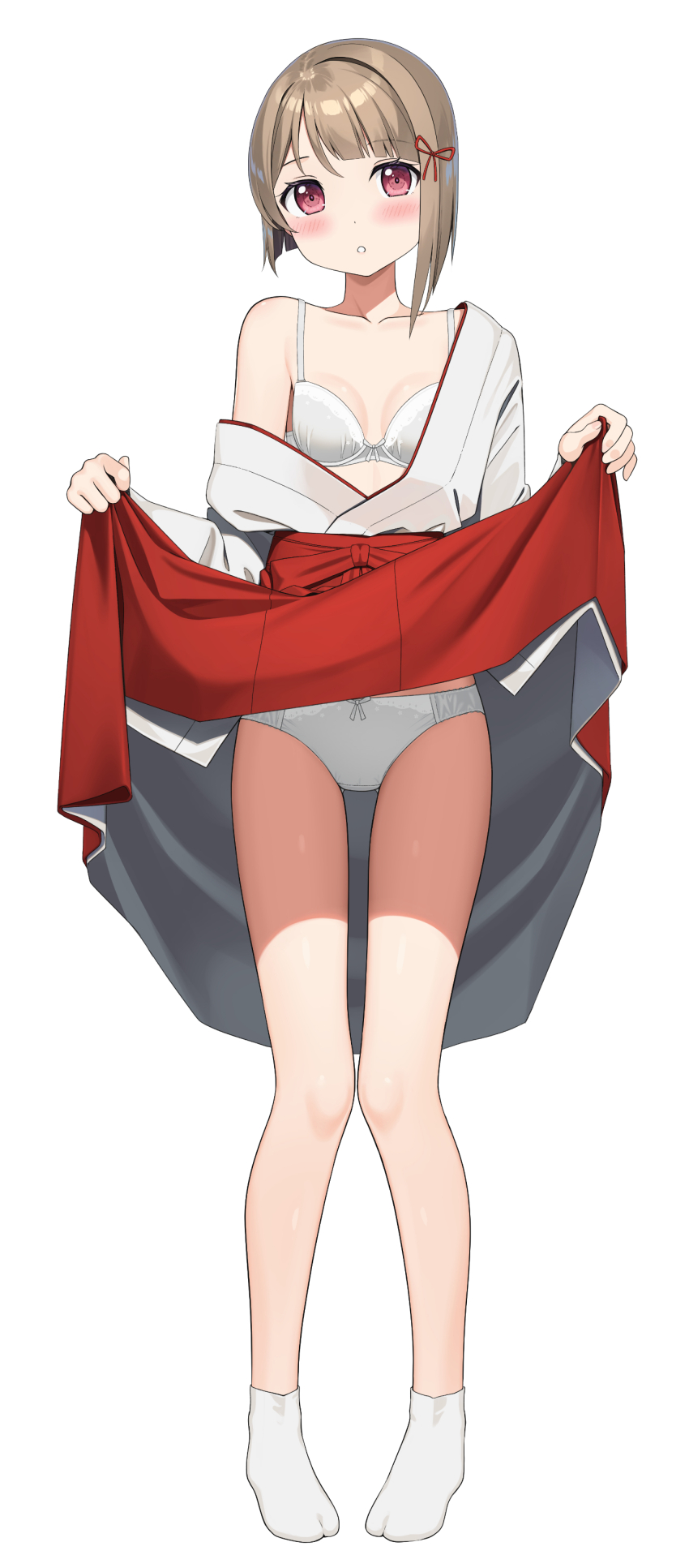 1girl absurdres apollo_(hu_maple) bare_shoulders blush bow bow_bra bow_panties bra brown_hair clothes_lift covered_navel hair_ornament highres japanese_clothes kimono kimono_lift love_live! love_live!_nijigasaki_high_school_idol_club miko nakasu_kasumi panties skirt skirt_lift socks underwear white_background white_bra white_kimono white_panties white_socks
