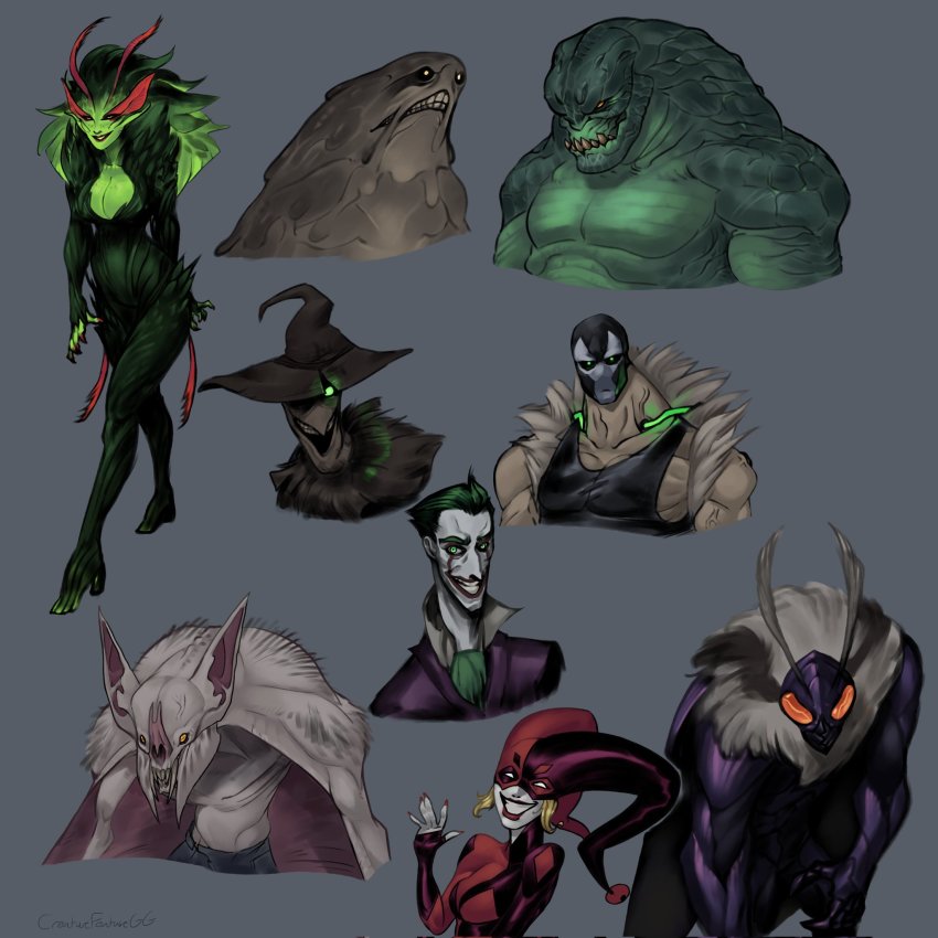 2girls 6+boys animal_ears antennae arthropod_boy artist_name bane bare_shoulders bat_boy bat_ears black_headwear black_mask black_tank_top blonde_hair bodysuit breasts brown_headwear character_request clayface cleavage colored_skin creature cropped_torso dark_skin dc_comics full_body fur_trim gonnageetcher green_bodysuit green_eyes green_hair green_skin grey_background grin hand_up harlequin harley_quinn hat high_heels highres insect_wings jester_cap killer_croc large_breasts long_hair man-bat mask multiple_boys multiple_girls muscular muscular_male orange_eyes pale_skin pants poison_ivy red_eyes red_headwear red_lips scarecrow_(batman) sharp_teeth short_hair simple_background smile tank_top teeth the_joker wings