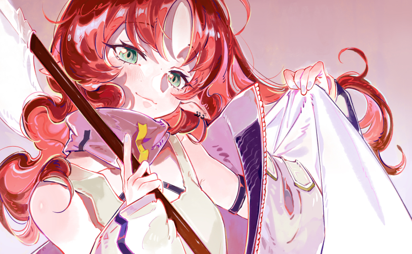 1girl absurdres arknights blush closed_mouth coat earrings eyelashes fingernails green_eyes highres jewelry kuzen long_hair looking_at_viewer multiple_earrings myrtle_(arknights) pink_background red_hair smile solo tank_top upper_body very_long_hair white_coat white_tank_top