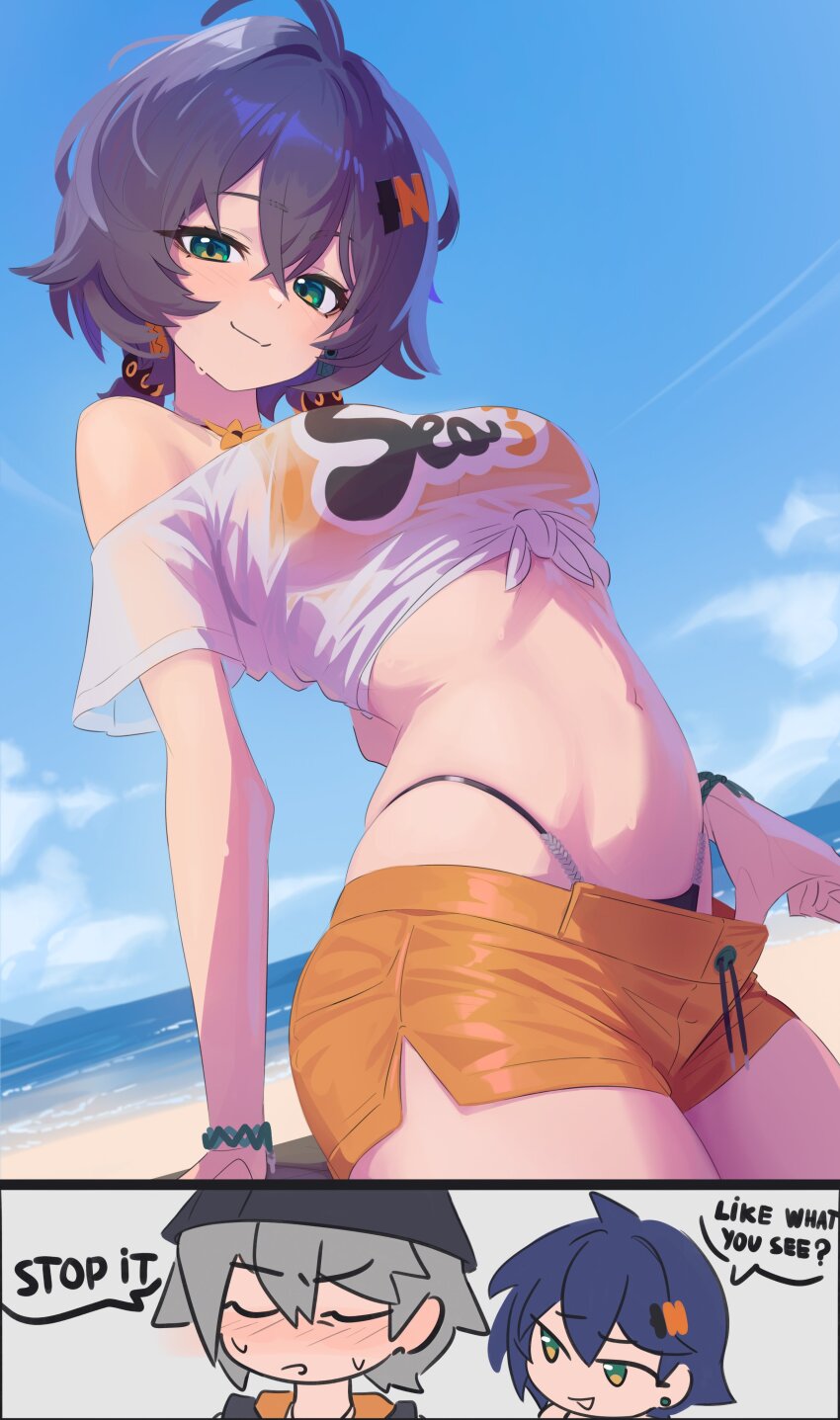 1boy 1girl absurdres bare_shoulders beach belle_(zenless_zone_zero) bikini bikini_under_clothes black_bikini blue_hair blue_sky blush bracelet breasts brother_and_sister bucket_hat daniel_deves english_text green_eyes grey_hair hair_ornament hat highleg highleg_bikini highres jewelry letter_hair_ornament looking_at_viewer low_twintails medium_breasts mismatched_bikini navel orange_bikini orange_shorts shirt shore short_hair short_shorts short_sleeves short_twintails shorts siblings sky smile speech_bubble swimsuit thighs tied_shirt twintails white_shirt wise_(zenless_zone_zero) zenless_zone_zero