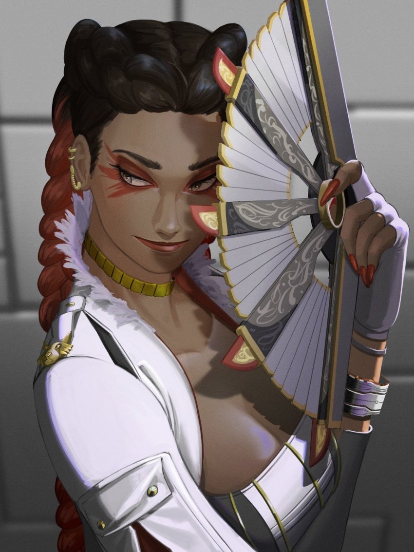 1girl apex_legends black_hair bracelet braid breasts cleavage collarbone cropped_jacket dark-skinned_female dark_skin eyeshadow fingerless_gloves fingernails folding_fan from_above garra_de_alanza gloves grey_gloves hand_fan highres holding holding_fan jacket jewelry lipstick loba_(apex_legends) long_fingernails makeup medium_breasts murata_miku red_eyeshadow red_hair red_lips sharp_fingernails smile solo twin_braids white_jacket