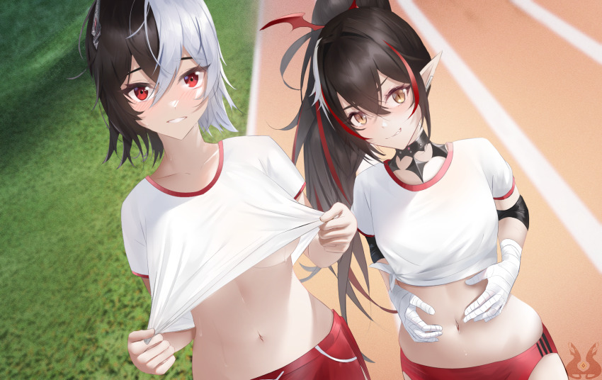 azur_lane bandaged_hand bandages black_hair blush breasts bruenhilde_(azur_lane) bruenhilde_(grain-seizing_grani)_(azur_lane) buruma clothes_pull gym_shirt gym_uniform high_ponytail highres large_breasts looking_at_viewer midriff multicolored_hair navel neuf909 official_alternate_costume parted_lips pointy_ears ponytail red_buruma red_eyes red_hair shirt shirt_pull short_hair slit_pupils split-color_hair sportswear stomach streaked_hair tied_shirt underboob white_hair yellow_eyes z24_(azur_lane) z24_(the_devil_on_the_court)_(azur_lane)