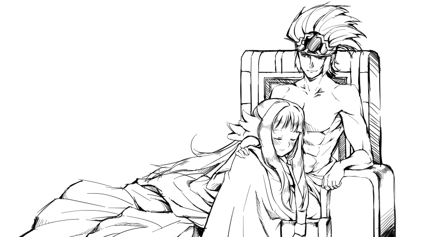 1boy 1girl abs absurdres blonde_hair blue_hair blush crown derivative_work detached_sleeves dress closed_eyes fate/zero fate_(series) feather_hair_ornament feathers ge-b greyscale gwendolyn_(odin_sphere) feather_hair_ornament headdress highres kawasumi_ayako lap_pillow monochrome muscular odin_sphere onyx onyx_(odin_sphere) parody voice_actor_connection seki_tomokazu sidelocks throne