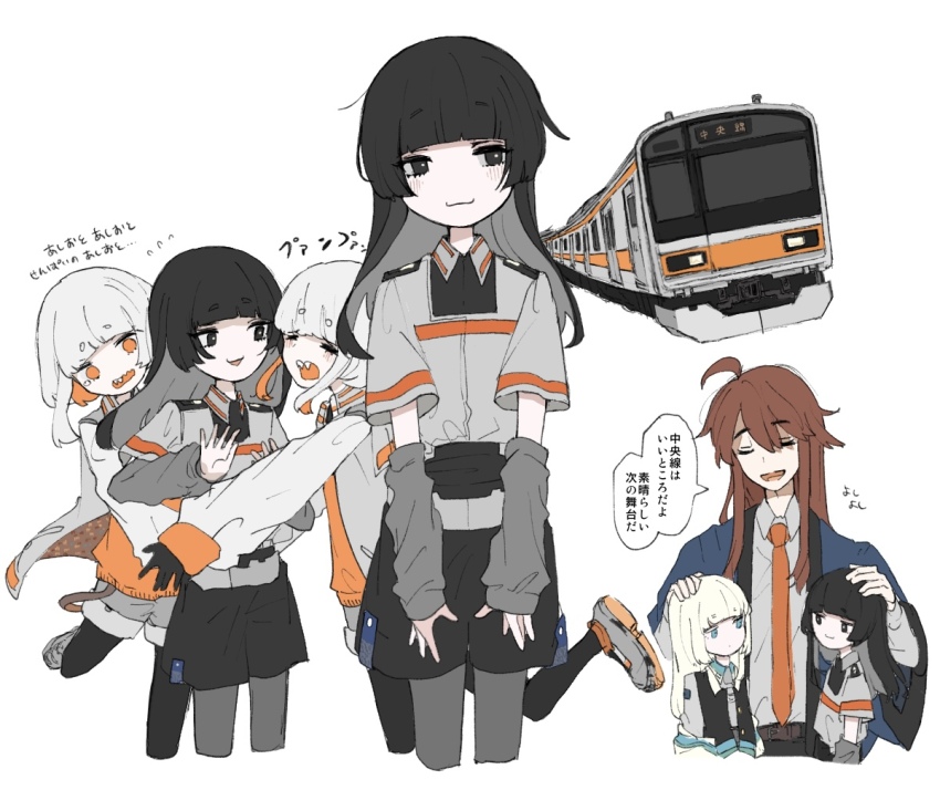 5girls :3 arm_warmers augustin_tea black_eyes black_hair clone collared_shirt east_japan_railway_company grey_hair hair_between_eyes headpat jr_east_209_series long_hair long_sleeves multicolored_hair multiple_girls multiple_unit_train multiple_views necktie orange_necktie original pantyhose personification shirt shoes short_hair short_sleeves shorts simple_background train white_background white_hair