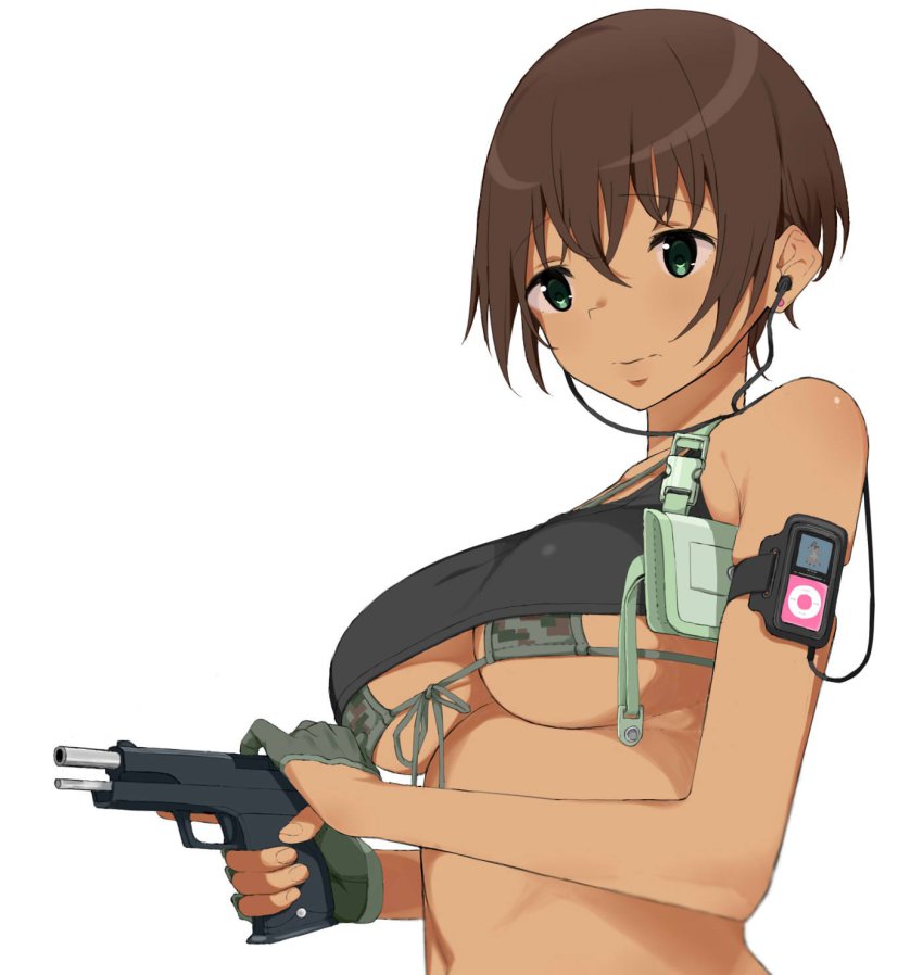1girl armband bad_id bad_twitter_id bare_shoulders bikini breasts brown_hair camouflage camouflage_bikini cleavage crop_top digital_media_player earbuds earphones female_focus fingerless_gloves front-tie_top gloves green_eyes green_gloves gun half_gloves handgun highres ipod ipod_nano ipod_nano_4g iwadamai large_breasts original short_hair simple_background solo swimsuit tank_top underboob upper_body weapon white_background