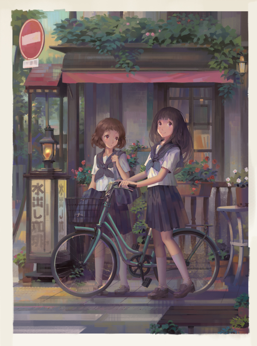 2girls bicycle black_hair black_sailor_collar black_skirt brown_footwear brown_hair chitanda_eru full_body highres hyouka ibara_mayaka kamiyama_high_school_uniform_(hyouka) kneehighs loafers long_hair long_legs multiple_girls no_entry_sign pleated_skirt psi_(583278318) purple_eyes red_eyes road_sign sailor_collar school_uniform serafuku shoes short_hair sign skirt socks standing white_legwear
