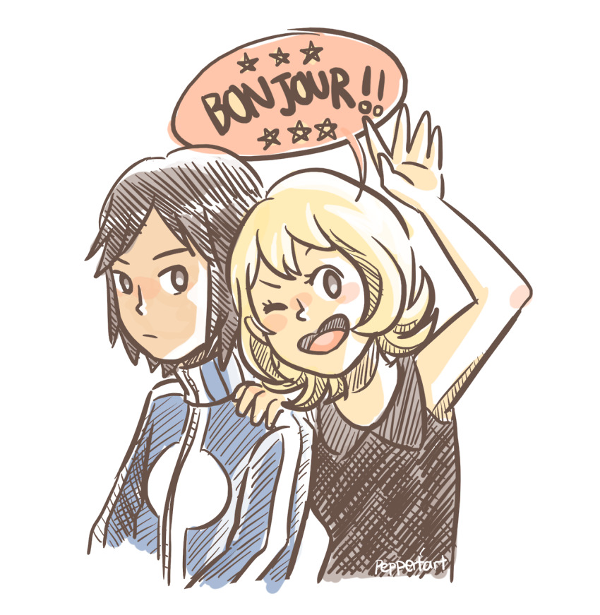 1boy 1girl arm_up black_hair black_shirt blonde_hair blue_jacket calem_(pokemon) closed_mouth collared_shirt commentary cropped_torso english_commentary english_text eyelashes grey_eyes highres jacket long_sleeves nintendo official_alternate_hair_length official_alternate_hairstyle one_eye_closed open_mouth peppertart pokemon pokemon_adventures serena_(pokemon) shirt short_hair simple_background sleeveless sleeveless_shirt smile speech_bubble star_(symbol) turtleneck white_background