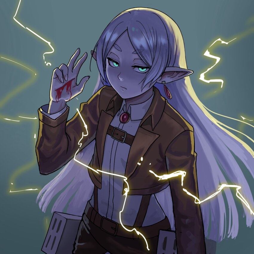 1girl absurdres blood collared_shirt cosplay cowboy_shot earrings elf eren_yeager eren_yeager_(cosplay) frieren green_eyes highres jacket jewelry long_hair long_sleeves looking_at_viewer open_clothes open_jacket paradis_military_uniform parted_bangs pointy_ears shingeki_no_kyojin shirt solo sousou_no_frieren three-dimensional_maneuver_gear watcher_hollow white_shirt