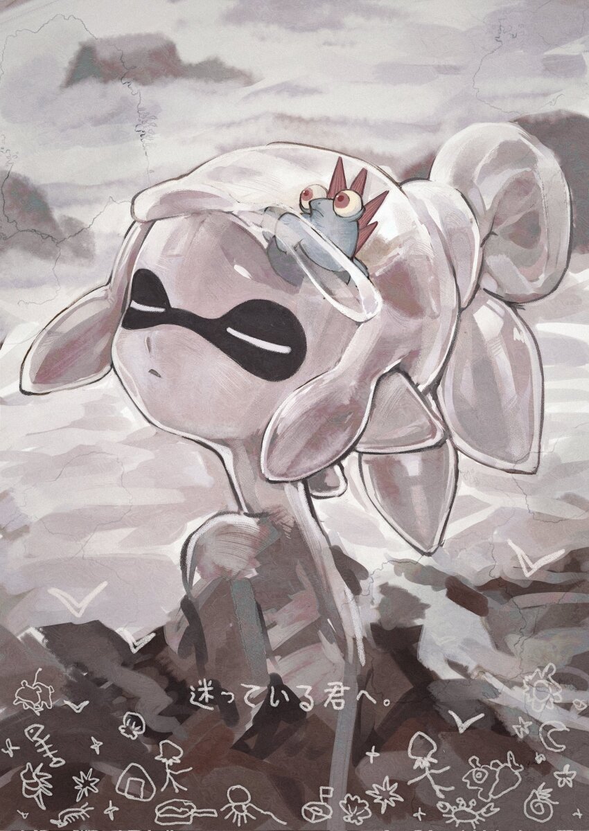 1girl blurry blurry_background chinese_commentary closed_eyes commentary_request crab domino_mask doodle_inset facing_to_the_side facing_viewer fish_skeleton folded_ponytail food hair_bun highres inkling inkling_girl inkling_player_character liang_cun_rakuna mask nintendo ocean onigiri parted_lips partially_colored rock short_eyebrows short_hair simple_bird single_hair_bun smallfry_(splatoon) solo sparkle splatoon_(series) star_(symbol) translucent upper_body