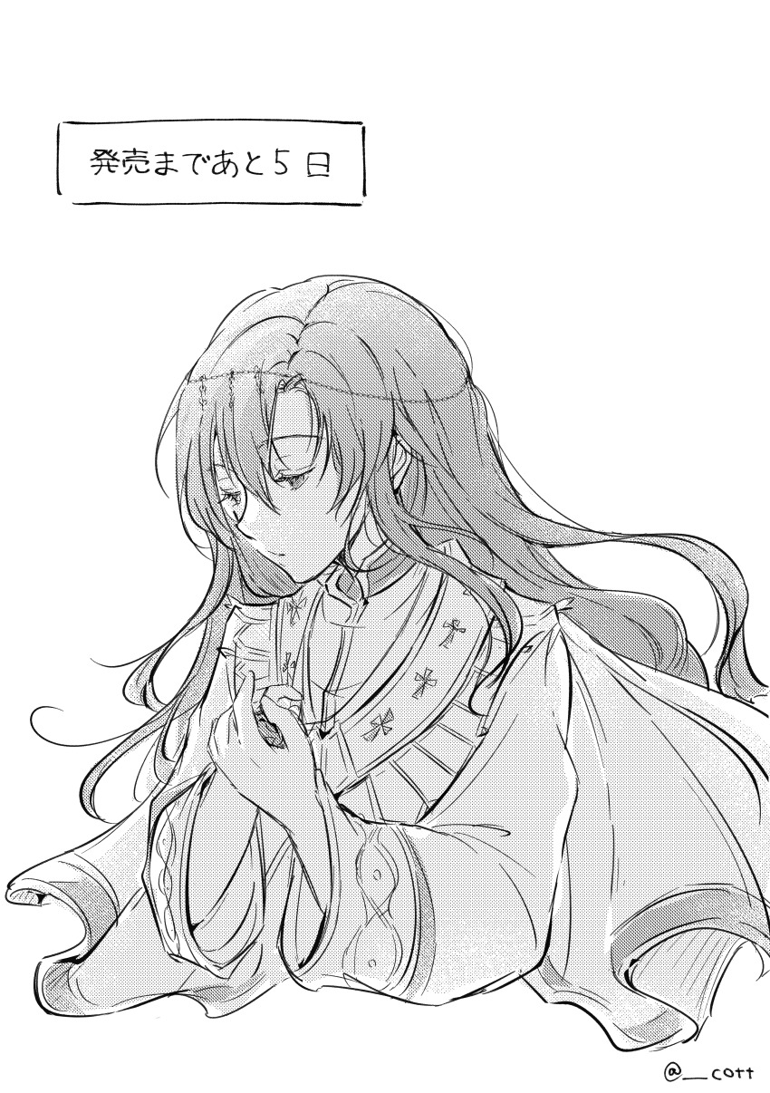 1girl absurdres circlet closed_mouth commentary_request countdown eiyuu_densetsu greyscale half-closed_eyes highres kai_no_kiseki kuro_no_kiseki_(series) long_hair monochrome nina_fenly own_hands_together polly_(cott) robe simple_background solo upper_body white_background