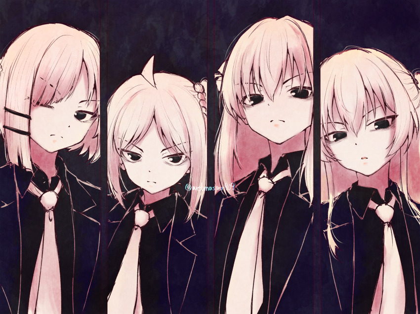 &gt;:( 4girls ;( ahoge alternate_costume bocchi_the_rock! closed_mouth collared_shirt commentary cube_hair_ornament frown gotoh_hitori greyscale hair_ornament hairclip high_contrast highres ijichi_nijika jacket katsuragi_(webmaster909) kessoku_band kita_ikuyo long_hair monochrome multiple_girls necktie one_eye_closed one_side_up open_clothes open_jacket parallel_hairclips parted_bangs parted_lips ponytail_with_braided_base shirt side_ponytail sidelocks split_mouth suit_jacket twitter_username upper_body v-shaped_eyebrows yamada_ryo
