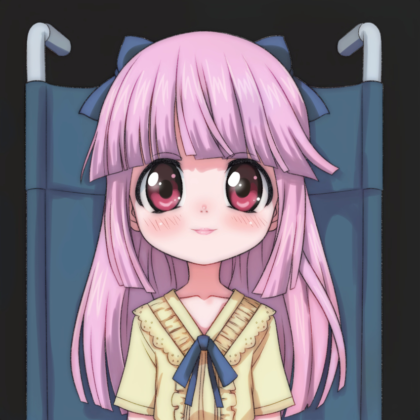 1girl black_background blue_bow blue_ribbon blush bow collarbone elfen_lied hair_bow highres long_hair looking_at_viewer mariko_(elfen_lied) neck_ribbon pink_hair red_eyes ribbon shirt short_sleeves sitting smile t_jiroo_(ringofriend) wheelchair yellow_shirt