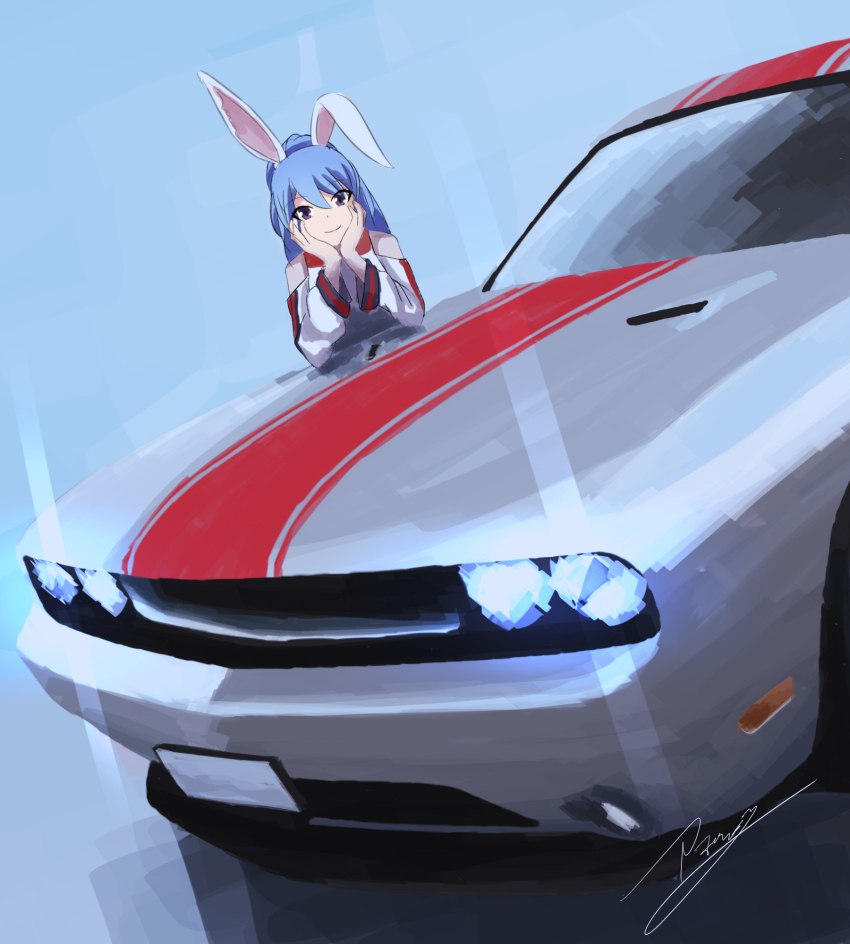 1girl animal_ears apollos_ars blue_background blue_hair car closed_mouth dodge_(company) dodge_challenger dodge_challenger_(3rd_generation) hands_on_own_cheeks hands_on_own_face highres license_plate long_hair looking_at_viewer motor_vehicle muscle_car original purple_eyes rabbit_ears simple_background smile solo vehicle_focus