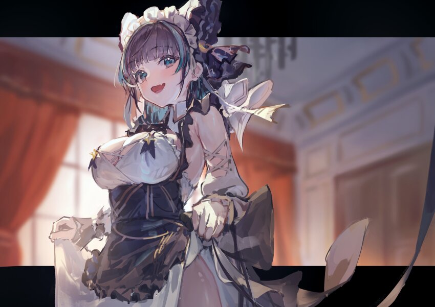 1girl absurdres apron azur_lane black_hair blue_eyes blurry blurry_background cheshire_(azur_lane) closed_mouth curtains detached_sleeves fang green_eyes highres indoors letterboxed long_hair looking_at_viewer maid_apron maid_headdress multicolored_hair open_mouth outside_border short_hair skin_fang skirt_hold smile solo standing streaked_hair upper_body white_background wrist_cuffs yu_hydra